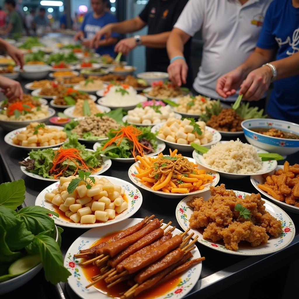 Cac mon an vat tieu bieu tai quan Chu Manh: goi cuon, banh trang tron, pha lau.